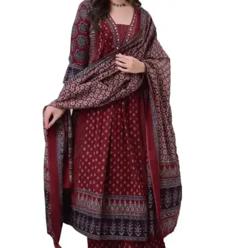 Women's Rayon Printed Anarkali Kurta and Pant with Dupatta Set