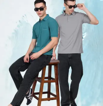 Pack of 2 Men's Polo T-Shirts with Pocket – Green & Grey Premium Cotton Matty Fabric Regular Fit Half Sleeve Polo